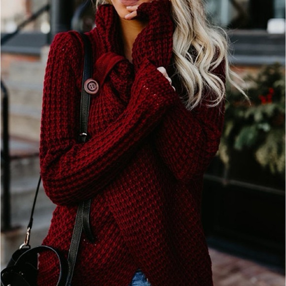 women poncho burgundy sweater wrap fringe assymetrical pullover - Picture 1 of 4